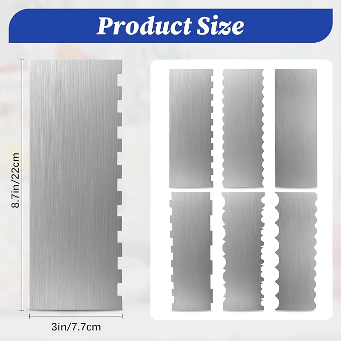 8.6 Inch Metal Cake Scraper, 6 Pack Double Sided Contour Patterned Edge Smoother, Stainless Steel Cake Decorating Comb Icing Leveler Tool for Buttercream Mousse Pastry Cake Border Decoration