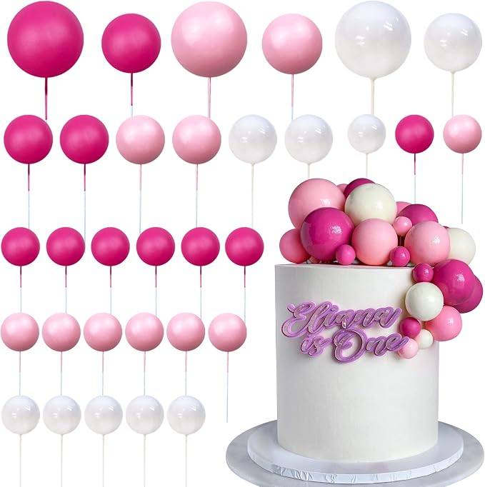 Ball Cake Topper Ball Cake Picks Colorful Pearl Ball Shaped Cupcake Insert Cake Topper for Bear Theme Birthday Party Favors Wedding Decoration (Pink White Hot Pink)