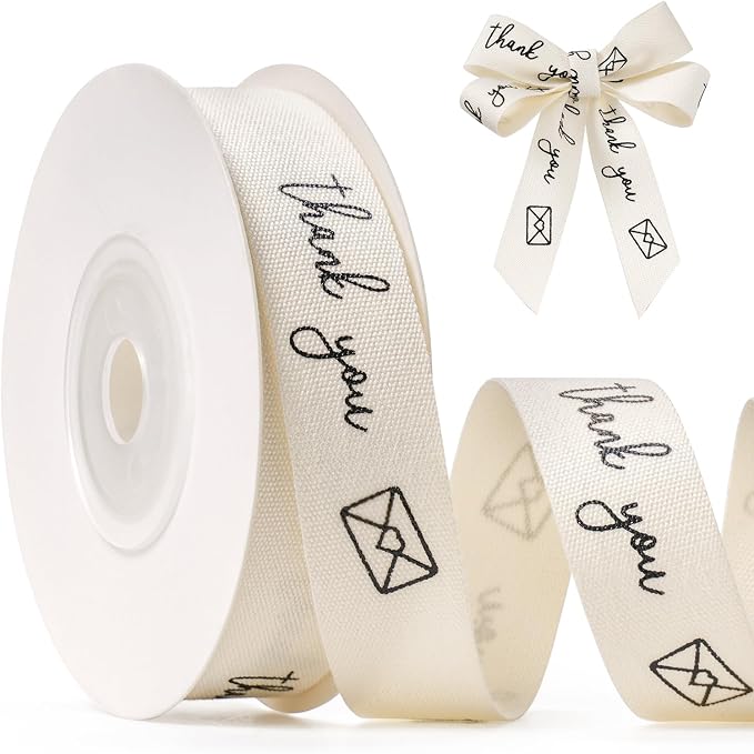 Thank You Printed Ribbon 5/8 Inch x 10 Yards Cotton Ribbon for Gift Packaging, Party Decorations, Anniversary Decoration, Handmade Cards
