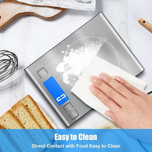 33lb Rechargeable Food Scale, Diyife 304 Stainless Steel Digital Kitchen Scale, 7.5 * 5.5 in Weight Grams and Ounces for Baking, Cooking, 5 Units with Tare Function, LCD Display, 2 AAA Batteries