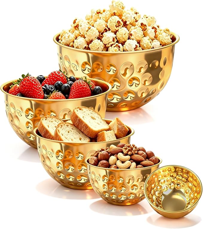 5-Piece Gold Serving Bowls (4.9/4.2/3.2/2.1/1.6QT), Gold Bowl Set with Hammered Design, Nesting Stainless Steel Mixing Bowls for Movie Night, Party and Home Decor