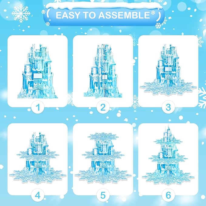 2 Pack Cupcake Stands Frozen Birthday Party Decorations: 3-Tier Snowflake Winter Wonderland Theme Cupcake Holders for Girls Kids Princess Party Favors, Blue Castle Toppers Cup Cake Tower Stand