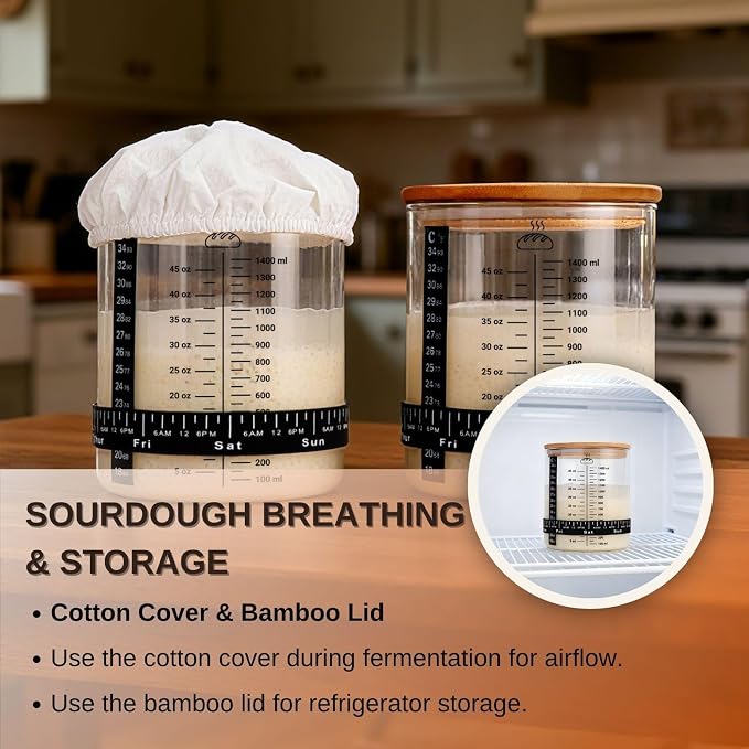 2 Pack, 58oz Sourdough Starter Jar Kit – Large Glass Fermentation Jar with Feeding Tracker, Sourdough Starter Recipe Guide, and Essential Bread Baking Tools for Homemade Sourdough
