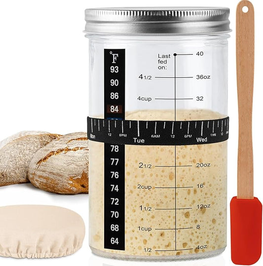 40oz/1200ml Sourdough Starter Kit – Extra Thermometer Strips and Breathable Covers Included in Sourdough Starter Jar – A Perfect Sourdough Bread Starter Kit for Beginners to Expert