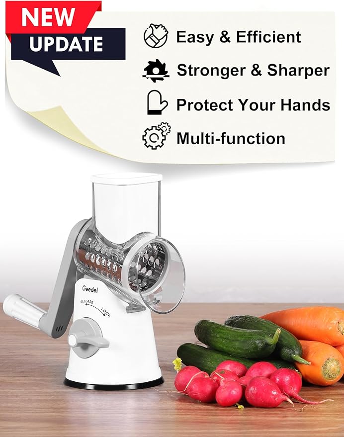 Geedel Rotary Cheese Grater Cheese Shredder - Upgraded 5-in-1 Cheese Grater with Handle and Strong Suction Base, Multi-purpose Vegetable Slicer Ice Shaver Nuts Grinder for Cheese, Vegetables, Ice
