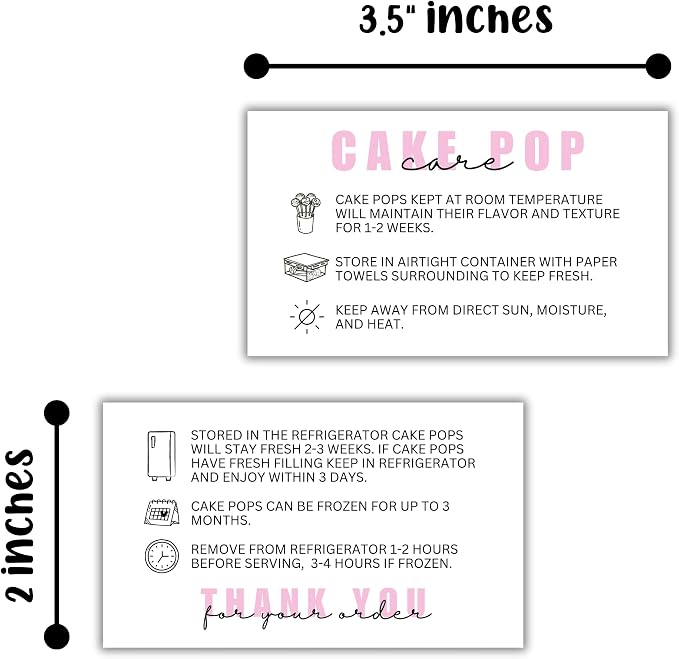 Cake Pop Care Instruction Cards | 50 pk 2x3.5” Client Storage Template Packaging DIY Cookie Cupcake Dipped Strawberry Baker Sweets Label