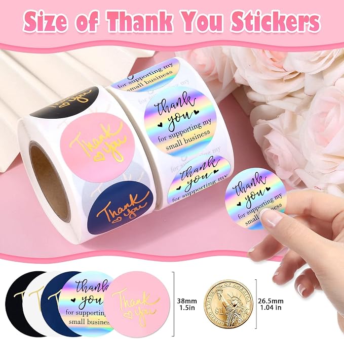 1000Pcs 1.5Inch Thank You Stickers, Holographic Thank You for Supporting My Small Business Stickers Thank You for Your Order Stickers Labels Packing Supplies for Baking Envelopes Gift Wraps Crafts