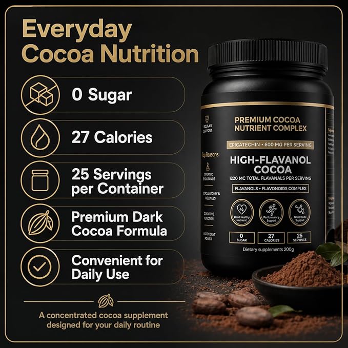 High Flavanol Cocoa Powder, 1200mg Flavanols & Flavonoids per Serving, 10X Concentrated Cocoa Extract with 600mg Epicatechin, Unsweetened Organic Cocoa Powder for Baking, Premium Dark Cocoa Nutrition