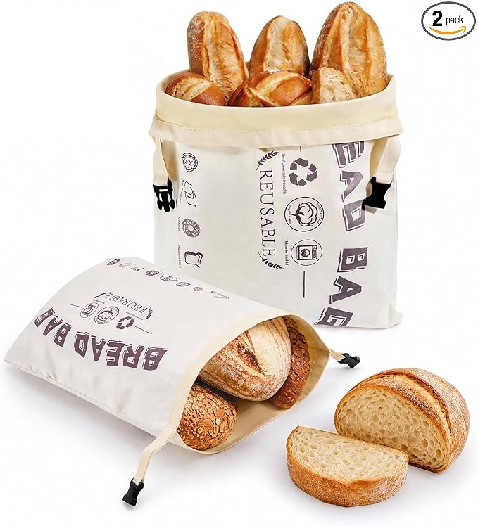 Set of 2 XL Beeswax Bread Bags for Homemade Sourdough | Extra Large Organic Cotton Reusable Bread Bag with Roll Top Buckle, Fresh Storage Keeper for Bakers Loaf, Bagels, Toast.