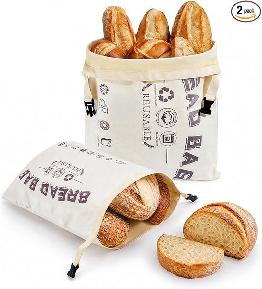 Set of 2 XL Beeswax Bread Bags for Homemade Sourdough | Extra Large Organic Cotton Reusable Bread Bag with Roll Top Buckle, Fresh Storage Keeper for Bakers Loaf, Bagels, Toast.