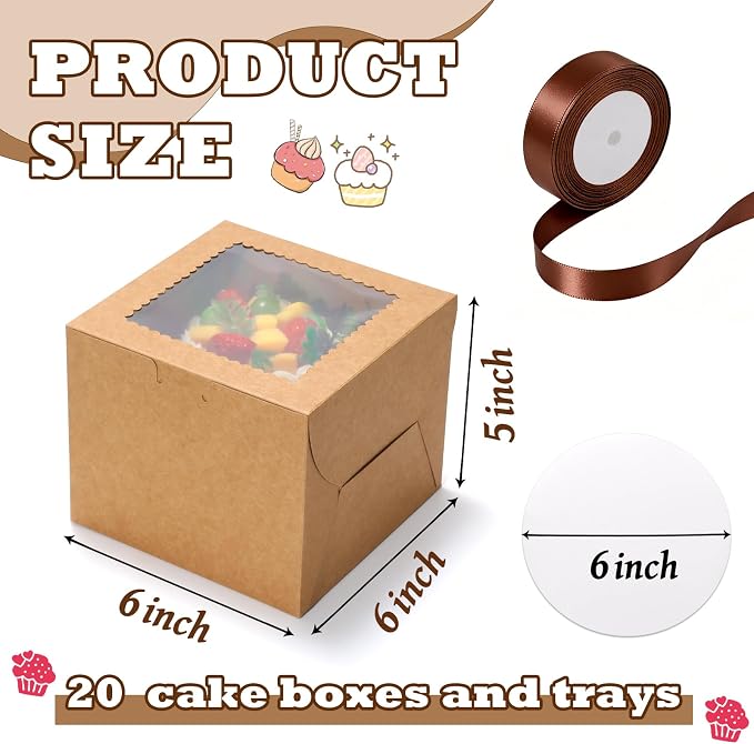 KPOSIYA 40pcs 6x6x5 inch Mini Cake Boxes with Cake Boards (20 Boxes & 20 Boards), 6 inch Brown Small Cake Boxes with Lids，Cajas de mini pastel Bakery Boxes with Window for Christmas Thanksgiving