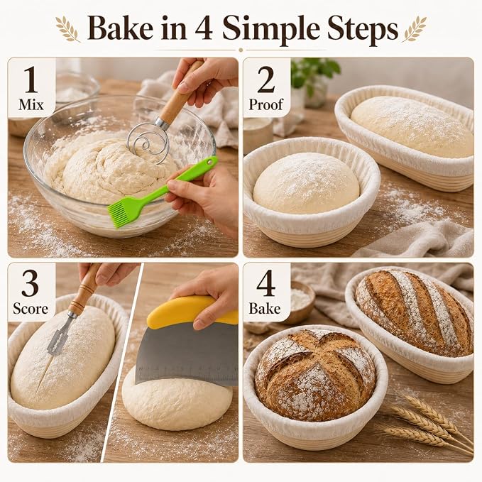 Banneton Bread Proofing Basket Set - 2 Pack 9 Inch Round & Oval Natural Rattan Sourdough Proofing Baskets with Cloth Liners for Artisan Bread Baking Supplies