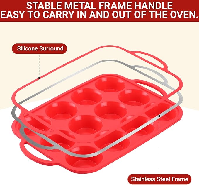 Silicone Muffin Pans for Baking 12 Cup with Metal Reinforced Frame, Nonstick 2Pack Regular Size Homemade Cupcake Pan, BPA Free Food Grade, Easy Release, Dishwasher Oven Freezer Safe for Egg Bite Molds