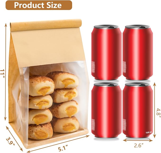 50 PCS Bread Bags for Homemade Breads, 11x5.1x3.9 Inch Resealable Cookie Bags with Tin Tie Tab Lock, Paper Bakery Bag with Window for Packaging Bagels, Muffin, Scone, Brownie, Baked Goods Storage