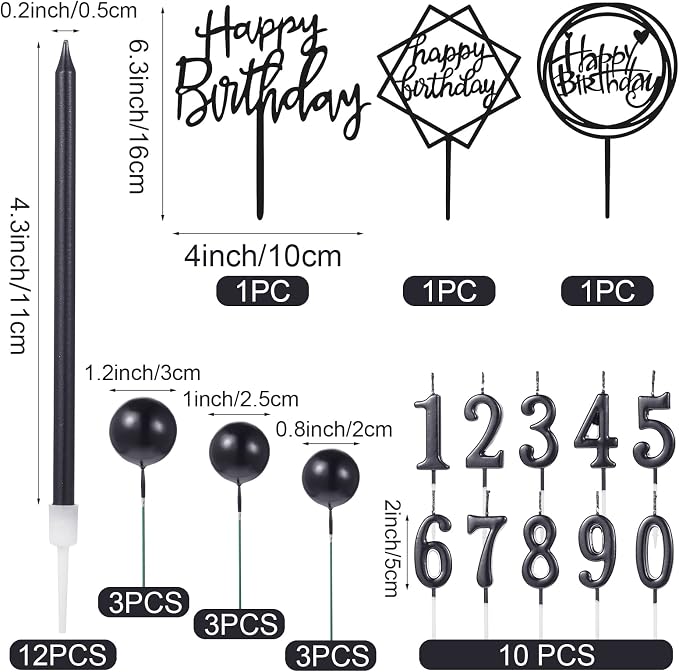 Yerliker 34 Pcs Happy Birthday Cake Toppers Decorations Birthday Candles DIY Cake Decor for Men Women Wedding Anniversary(Black)