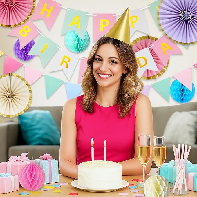 Pastel Birthday Party Decoration, Macaron Happy Birthday Party Decoration for Girls Women with Happy Birthday Banner Bunting Hanging Paper Fans, Girl Woman Pastel Birthday Honeycomb Decoration