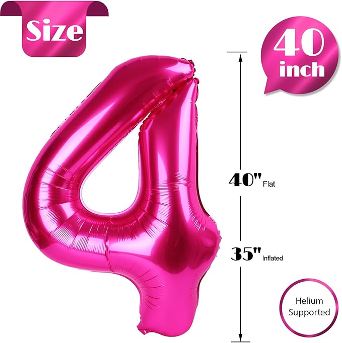 Hot Pink Number 4 Balloon 40 Inch, 4th Birthday Party Decorations for Children, Giant 4 Foil Balloon for Party Supplies