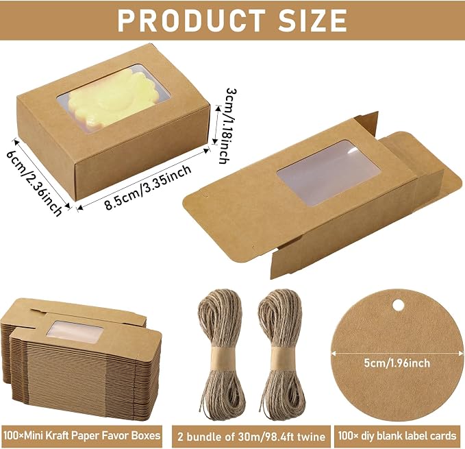 Zhanmai 100 Set Brown Small Soap Boxes for Homemade Soap, 3.35 x 2.36 x 1.2 Inch Paper Packaging Boxes with Window, with 100 Tag and Twine, Gift Wrapping Supplies for Bakery Candy Cookies Party Favors