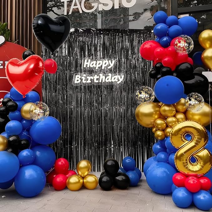 157Pcs Black Gold Red Blue Balloons Garland Arch Kit with Black Fringe Curtain Backdrop for Graduation Birthday New Year's Eve Baby Shower Party Decorations