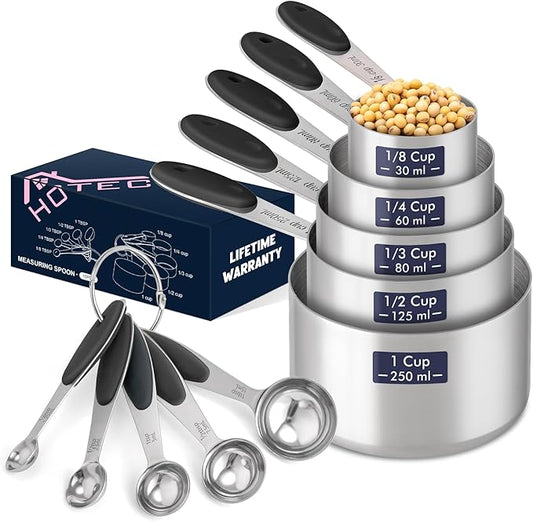 HOTEC 10-PACK Measuring Cups and Spoons Set, Kitchen Gadagets Cooking Baking,Heavy Duty & Dishwasher Safe for Dry and Liquid Ingredients,Black