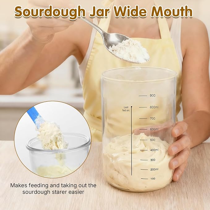 34oz Sourdough Starter Jar Kit,Wide Mouth Sourdough Starter Container with Feeding Tracking Band, Silicone Spatula&Sourdough Starter Kit-Baking Supplies(2 pack). (Blue)