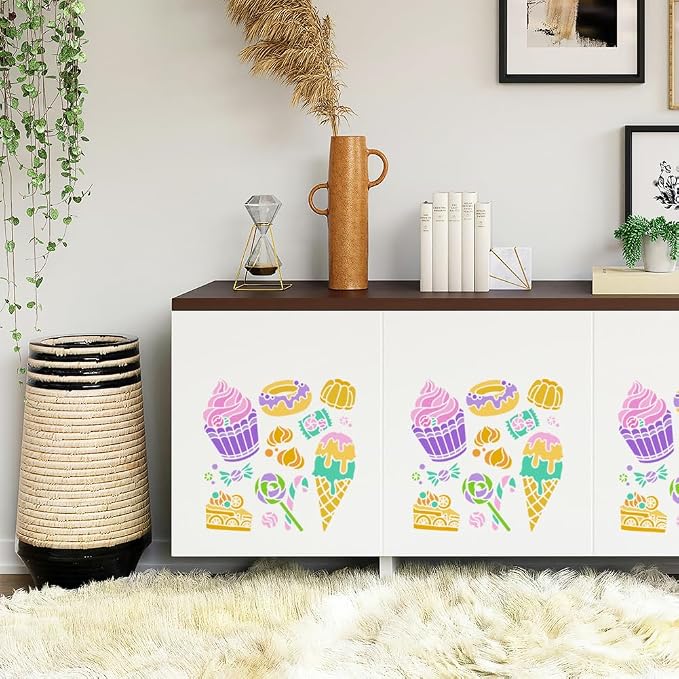 1 Piece Candy and Cake Craft Art Stencil, 11.8"x11.8" Dessert and Ice Cream Plastic Reusable Stencil for Wood Burning, Paint Template for Painting on Wall, Wood, Fabric Canvas, Furniture