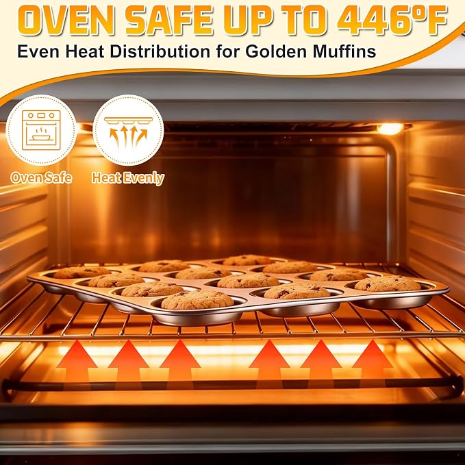P&P CHEF 12-Cup Muffin Top Pan (1 Piece), Stainless Steel Muffin Pan Cupcake Tin with Shallow Side for Whoopie Pie & Yorkshire Pudding, Easy Clean & Oven Safe, Silver