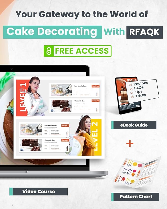 RFAQK 90PCs Cake Decorating Kit with Leveler, Baking Supplies Gift Includes Cake Stand Turntable, 24 Numbered Icing Tips, 55+1 Piping Bags, 2 Frosting Spatulas, 3 Scrappers, Video Course & Booklet