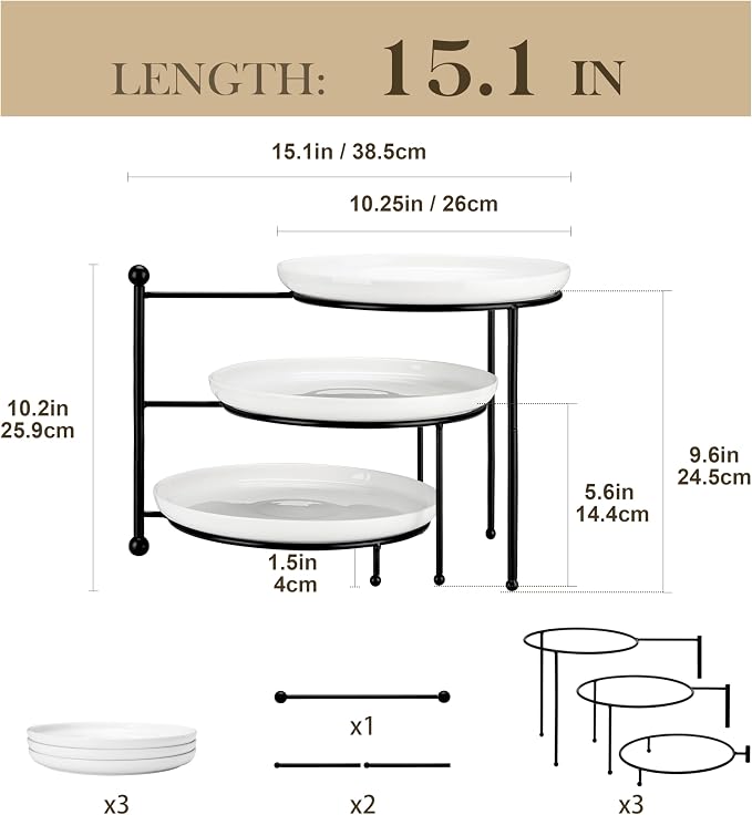 MALACASA White 3 Tier Serving Tray Stand with Black Rack, 10 Inch Porcelain Tiered Dessert Stand for Cupcakes, Cakes, Fruit & Appetizers, Ceramic Serving Platter for Party, Wedding & Tea Party