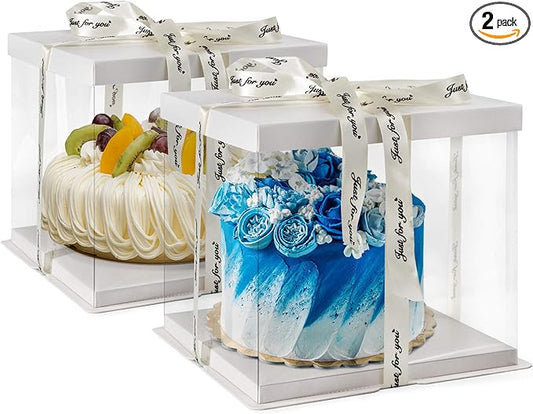 Clear Cake Box, 2-Pack Cake Carrier Container 10" X 10" X 9" with Ribbon Transparent Boxes with Lid Gift Package for Birthday Wedding Party, White