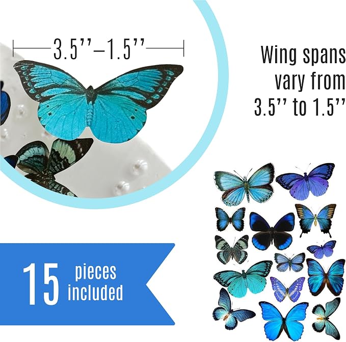 Sugar Robot Inc. Edible Butterflies for Cake Decorating - Assorted Sizes, Premium Crafted in the USA - Butterfly Cake Toppers & Cupcake Decorations (Blue)