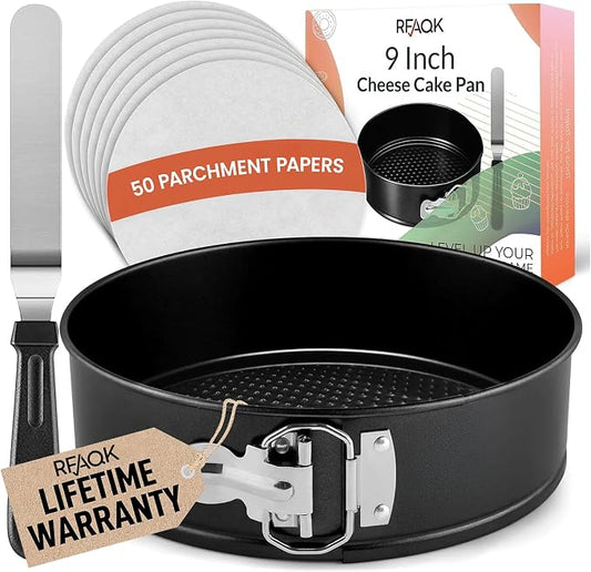 RFAQK 9 Inch Springform Pan Nonstick Leakproof - Spring Form Pan for Cheesecake with Removable Bottom, Include Spatula & 50pcs Parchment Paper, Recipe E-Book - Ideal for Baking Cakes, Pizzas, & More!