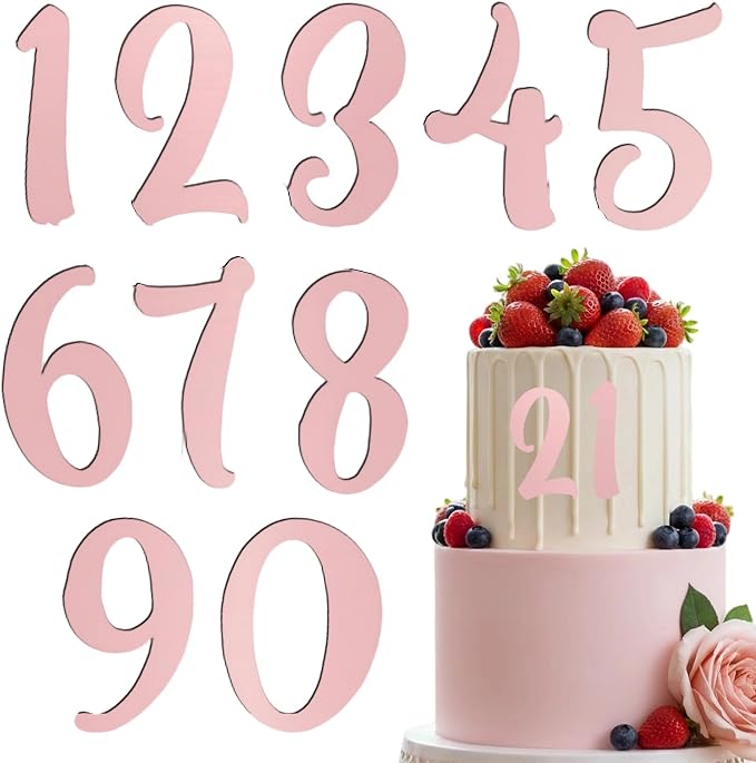 10PCS Rose Gold Acrylic Number Cake Toppers 0-9 Mirror Age Digit Cake Decorations for Birthday Cake Wedding Anniversary Baby Shower Dessert Table Cupcake Photo Props Party Supplies