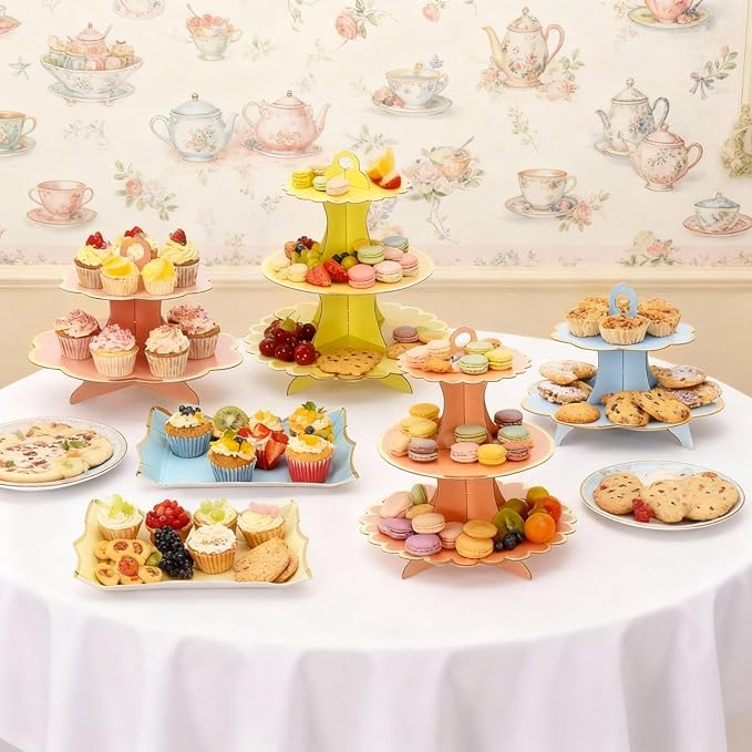 12 Pcs Tea Party Cupcake Stand Decorations Spring Cardboard Cupcake Tower 4 3-Tier Cake Stands 3 2-Tier Cake Holders 5 Trays for Flower Tea Party Princess Birthday Wedding Supplies(Classic)
