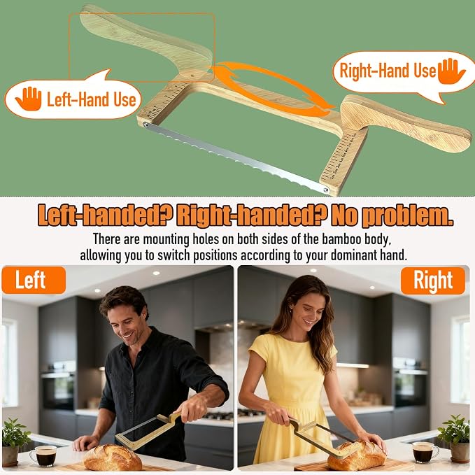 Tuiiopoli Bread Knife for Homemade Bread Sourdough, Left & Right Handed Bamboo Natural Bread Bow Knife Slicer Cutter for Baguettes Vegetables Fruits Sandwiches