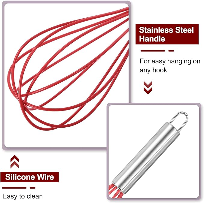 HARFINGTON 5Pcs Silicone Whisk 12" Kitchen Whisk Wire Whisks Beater with Stainless Steel Handle for Egg Milk Whisking Blending Beating & Stirring, Red