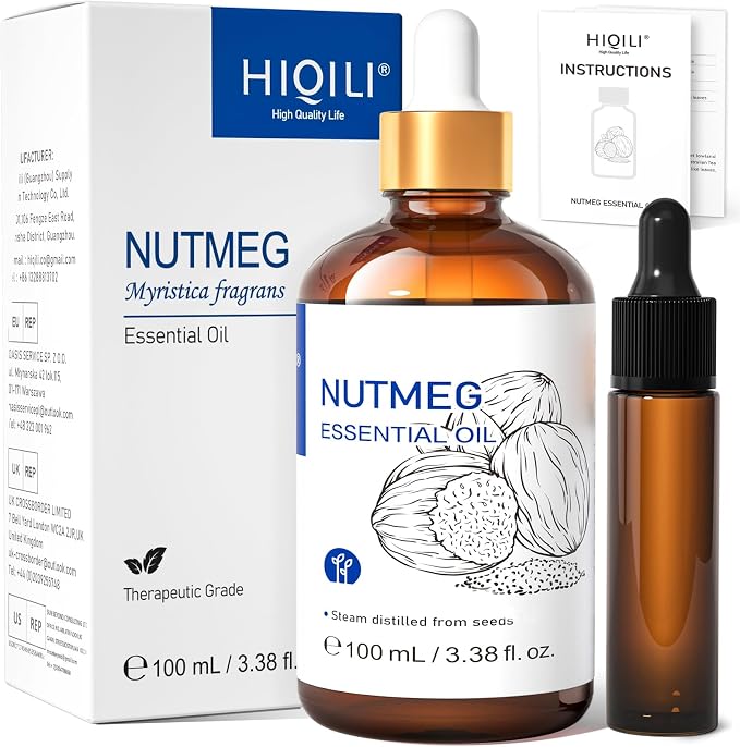 HIQILI Nutmeg Essential Oil 3.38 Fl Oz, Nutmeg Oil for Aromatherapy, Diffuser - 100ml