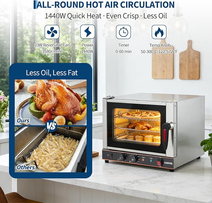 Commercial 22L Convection Countertop Oven - 2400W 3-Tier Electric Toaster Oven with 360° Hot Air Circulation - Stainless Steel Baking Oven with Temp Control (122-572°f) & Timer