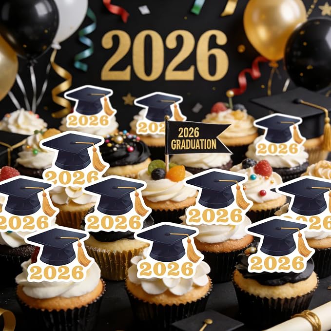 42pcs Edible Graduation Cap Cupcake Toppers Wafer Paper Gold Class of 2026 Cake Decorations Edible Grad Cap Cupcake Picks for 2026 Graduation Theme Party Cake Decor Supplies