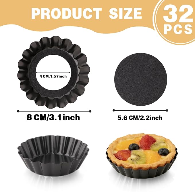 32 Pack Mini Tart Pans 3 Inch, Nonstick Carbon Steel Tartlet Pans with Removable Bottom, Fluted Egg Tart Molds for Quiche, Fruit Tarts, Mini Pies and Cheesecakes, Black