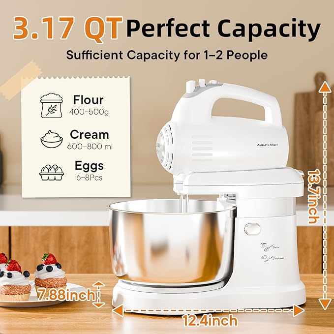 3.2QT 2-in-1 Stand Mixer, Electric Kitchen Mixer with Auto-Rotating Bowl & Tilt-Head, 5-Speed 250W Turbo Baking Machine for Beginners with Beater & Dough Hook for Cookie, Bread, Cake (White)