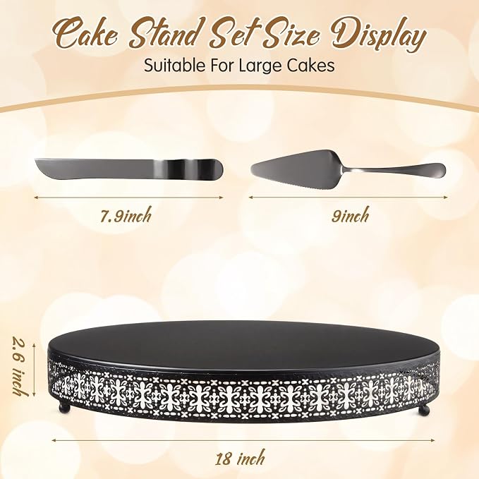 Wenqik Black Cake Stand 18 Inch Metal Round Cupcake Dessert Wedding Cake Stand with Cutting & Spatula Cookies Display Holder Fruit Serving Tray for Table Wedding Birthday Anniversary Party
