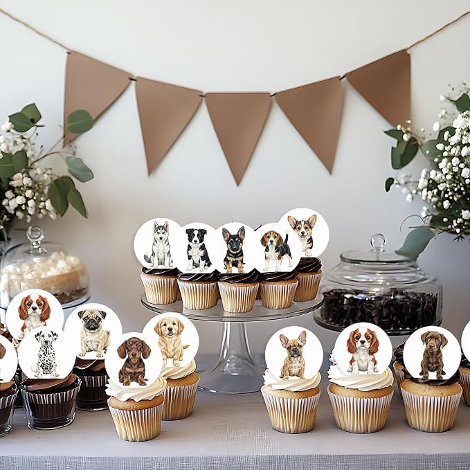 36 Pack Edible Pet Dogs Cupcake Toppers Wafer Paper Cute Puppy Dogs Cupcake Picks Baby Shower Cake Decor for Pets Party Cake Decorations Supplies
