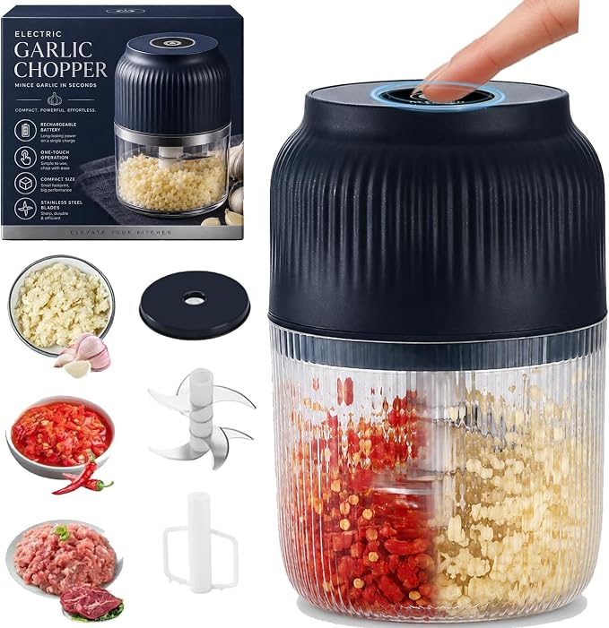 Electric Garlic Chopper, Mini Cordless Food Processor with 6 Stainless Steel Blades, USB Rechargeable Vegetable Mincer for Garlic, Onion, Ginger, Chili, Nuts, Meat & Meal Prep，Blue：6Blades+Egg Beater