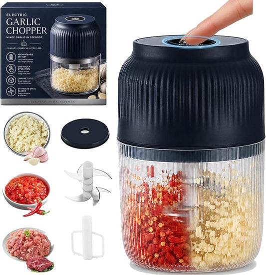 Electric Garlic Chopper, Mini Cordless Food Processor with 6 Stainless Steel Blades, USB Rechargeable Vegetable Mincer for Garlic, Onion, Ginger, Chili, Nuts, Meat & Meal Prep，Blue：6Blades+Egg Beater