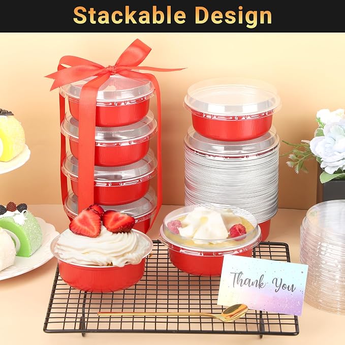Beasea Disposable Baking Cups With Lids, 100 Pack 8.8oz 260ml 4 Inch Aluminum Foil Ramekins Round Baking Mini Cupcake Oven Cups for Party - Red