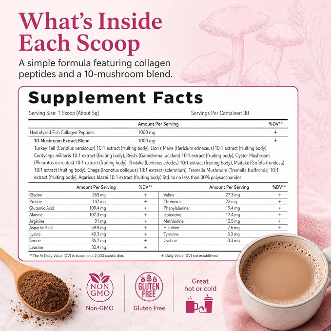 Suiyilary Mushroom Coffee with Collagen, 10 Mushroom Extract Powder Blend Lion's Mane, Brain Supplements with Instant Coffee for Energy, Focus, Skin and Immunity 150g 30 Serving