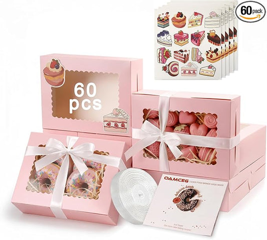 OAMCEG 60 Pack Cookie Boxes with Window, 8x6x2.5 Inch Bakery Treat Boxes for Christmas Holiday Gift Giving, Desserts, Donuts, Pastries-Pink