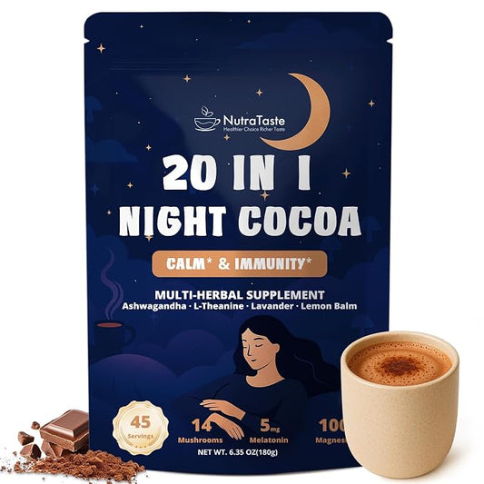 45 Servings Mushroom Hot Cocoa for Sleep, Calm & Immunity | Hot Cocoa Powder with 14 Mushroom Extracts, Magnesium Glycinate, Ashwagandha, L-Theanine & 5mg Melatonin | Non-GMO, Keto-Friendly