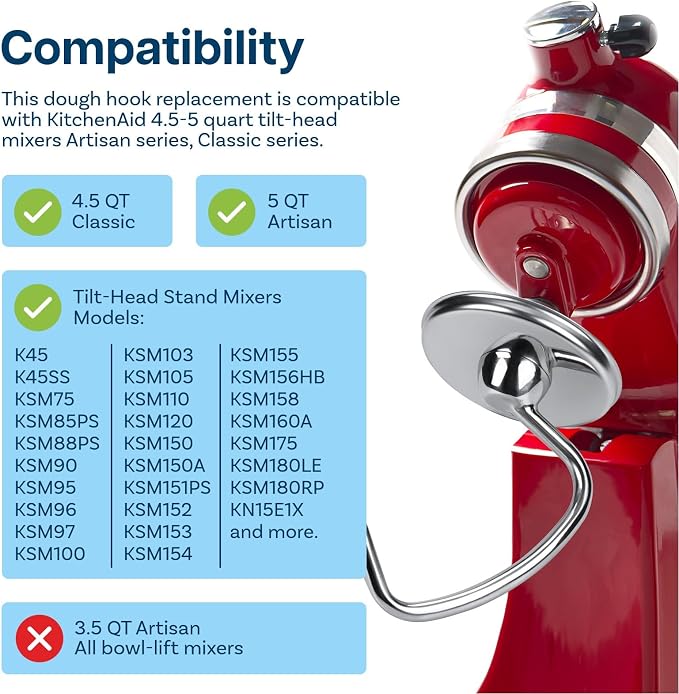 Mixer Attachments for KitchenAid 4.5–5 Quart Tilt-Head Stand Mixers – Compatible with Artisan & Classic – Beaters, Whisks, Dough Hooks & Attachment Sets by MMOBIEL (Dough Hook, Stainless Steel)